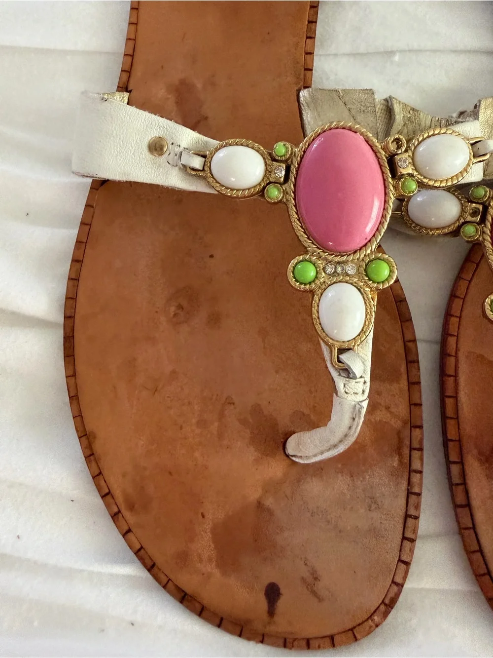 Lilly Pulitzer White Leather Sandals with Pink and Lime Gemstones